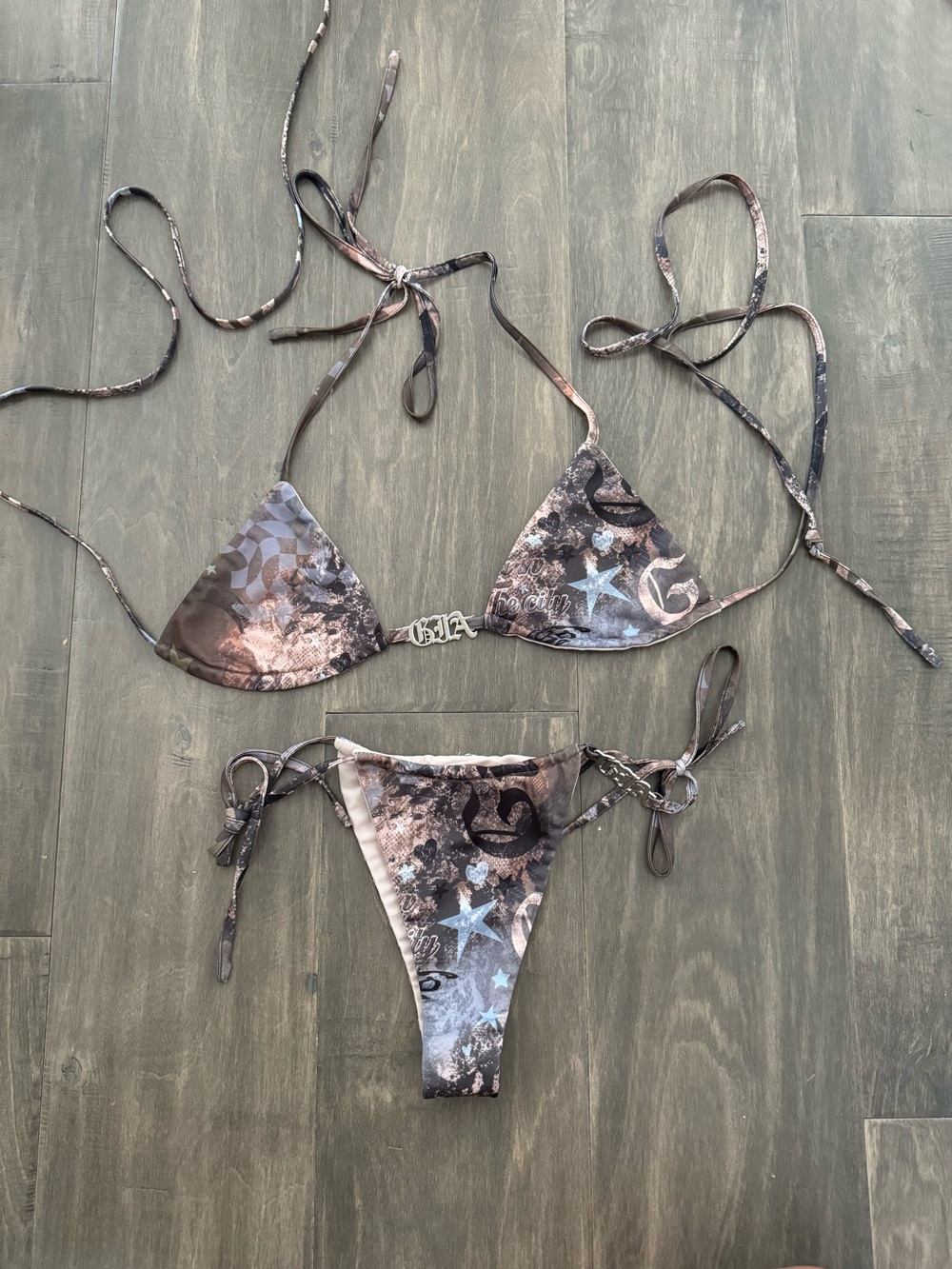 I.AM.GIA Brown Patterned Tie-Side Triangle Bikini with Metallic Logo